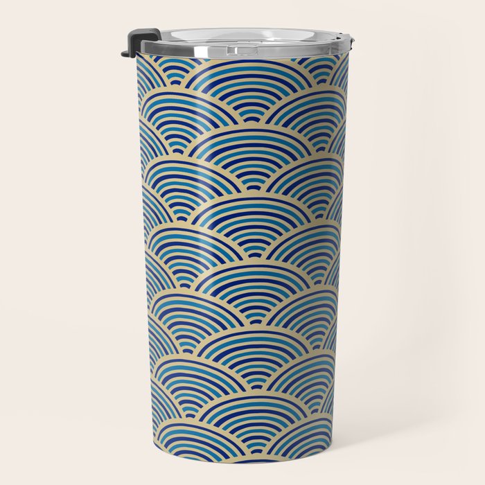 Festive, Art Deco, Wave, Pattern, Blue and Gold Travel Mug Gallery Image 3