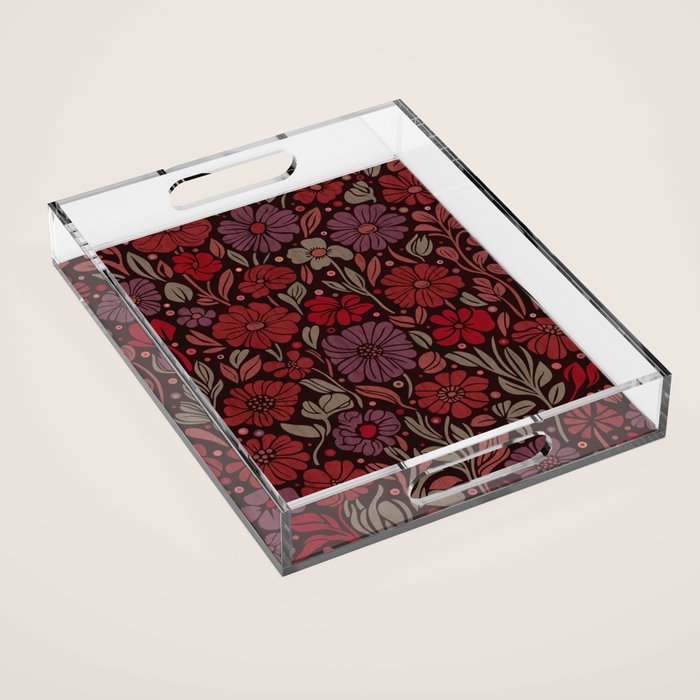Eternal Summer Block Print Countryside Vibes Flower Garden Crimson Red Acrylic Tray Gallery Image 1