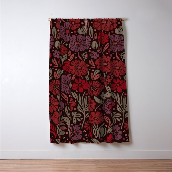 Eternal Summer Block Print Countryside Vibes Flower Garden Crimson Red Window Curtain Gallery Image 3