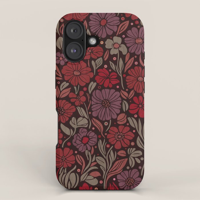 Eternal Summer Block Print Countryside Vibes Flower Garden Crimson Red iPhone Case Gallery Image 1