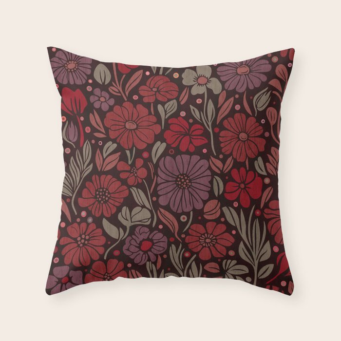 Eternal Summer Block Print Countryside Vibes Flower Garden Crimson Red Throw Pillow Gallery Image 1