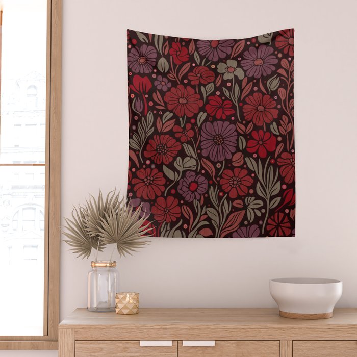 Eternal Summer Block Print Countryside Vibes Flower Garden Crimson Red Wall Tapestry Gallery Image 2