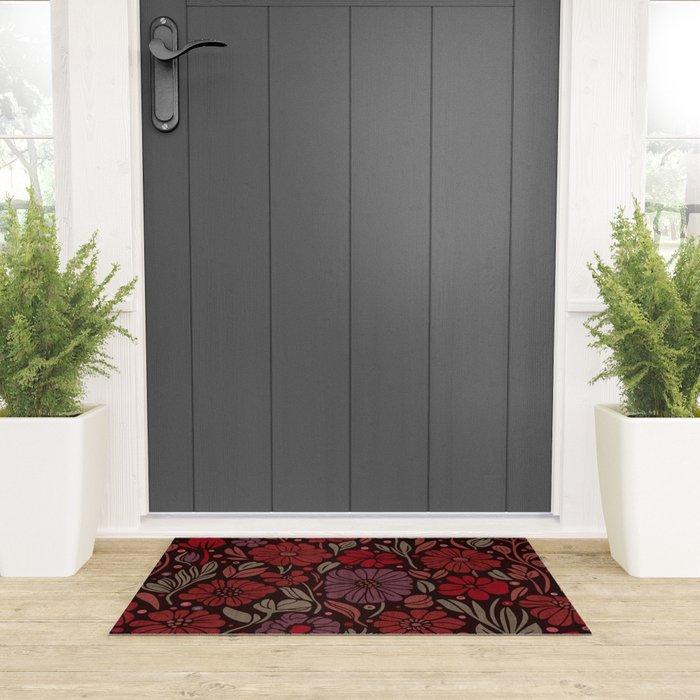 Eternal Summer Block Print Countryside Vibes Flower Garden Crimson Red Welcome Mat Gallery Image 3