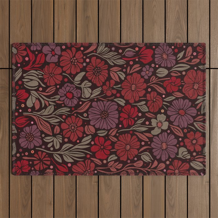 Eternal Summer Block Print Countryside Vibes Flower Garden Crimson Red Outdoor Rug Gallery Image 1