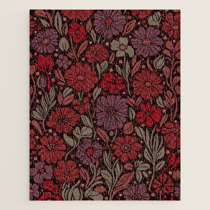 Eternal Summer Block Print Countryside Vibes Flower Garden Crimson Red Jigsaw Puzzle Gallery Image 1