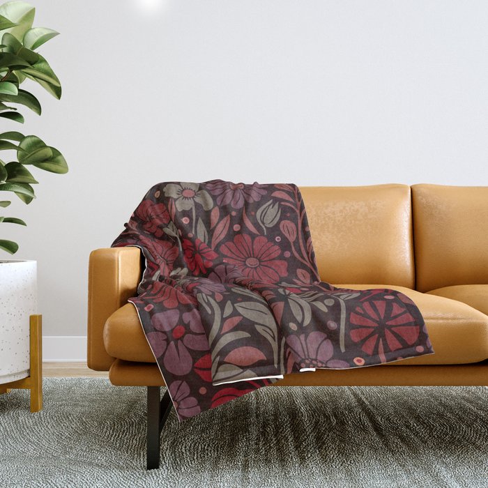 Eternal Summer Block Print Countryside Vibes Flower Garden Crimson Red Throw Blanket Gallery Image 1