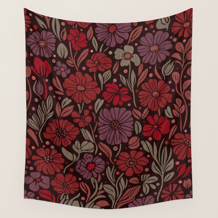 Eternal Summer Block Print Countryside Vibes Flower Garden Crimson Red Wall Tapestry Gallery Image 4
