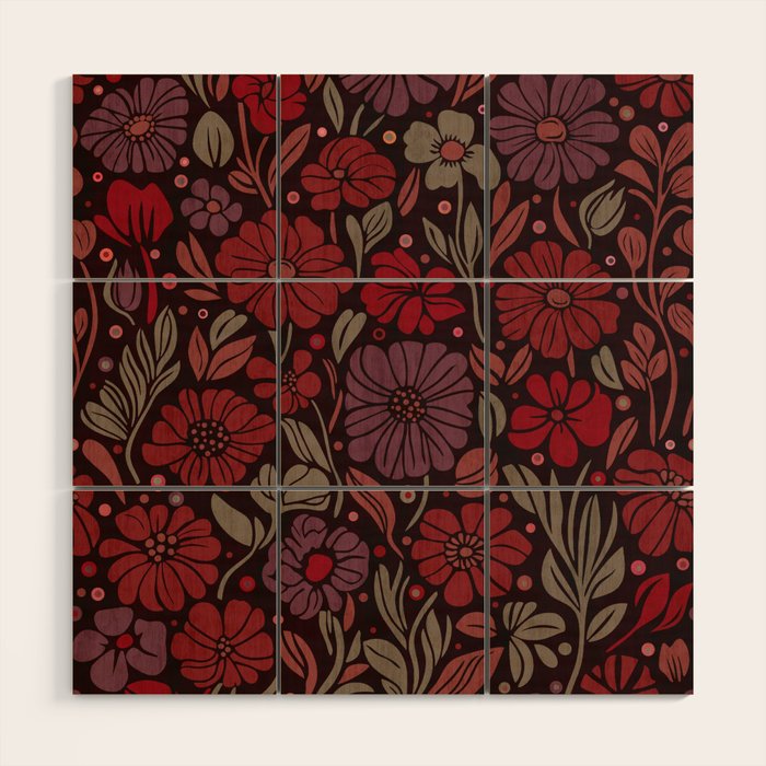 Eternal Summer Block Print Countryside Vibes Flower Garden Crimson Red Wood Wall Art Gallery Image 1