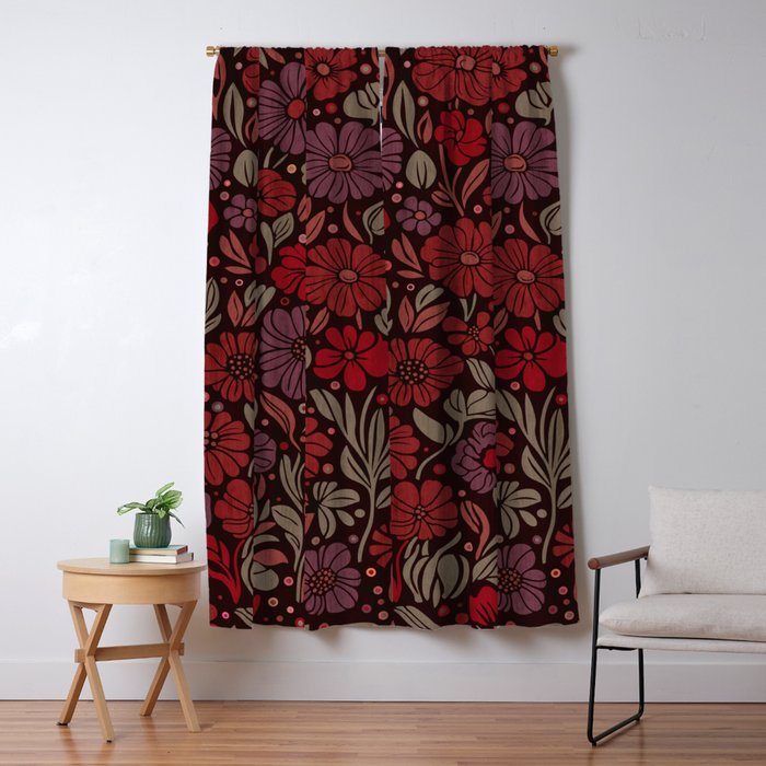 Eternal Summer Block Print Countryside Vibes Flower Garden Crimson Red Window Curtain Gallery Image 1