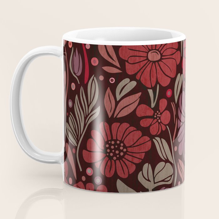 Eternal Summer Block Print Countryside Vibes Flower Garden Crimson Red Coffee Mug Gallery Image 3