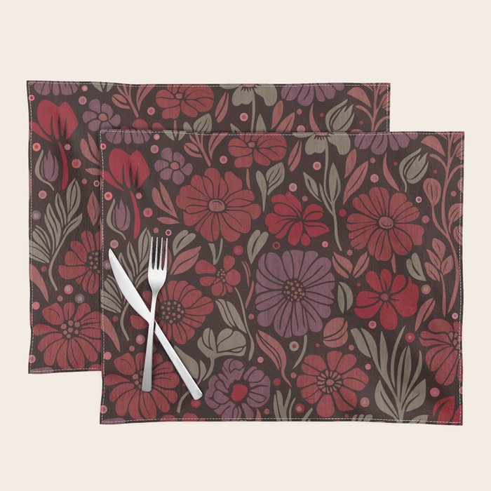 Eternal Summer Block Print Countryside Vibes Flower Garden Crimson Red Placemat Gallery Image 1