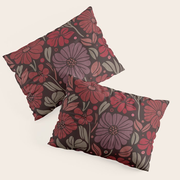 Eternal Summer Block Print Countryside Vibes Flower Garden Crimson Red Pillow Sham Gallery Image 1