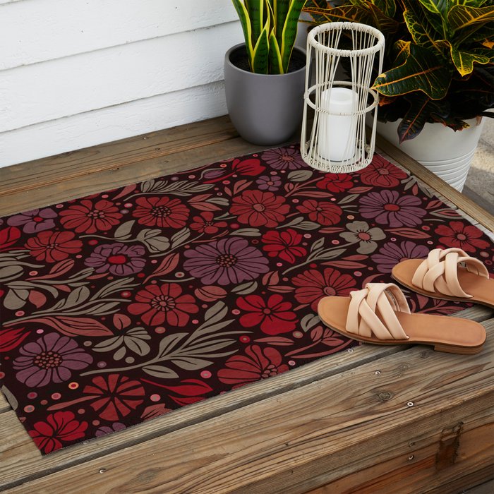 Eternal Summer Block Print Countryside Vibes Flower Garden Crimson Red Outdoor Rug Gallery Image 2