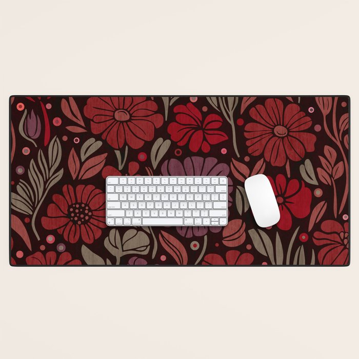 Eternal Summer Block Print Countryside Vibes Flower Garden Crimson Red Desk Mat Gallery Image 1