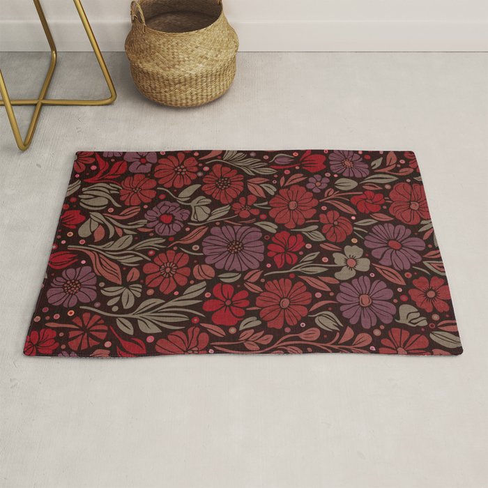 Eternal Summer Block Print Countryside Vibes Flower Garden Crimson Red Rug Gallery Image 1