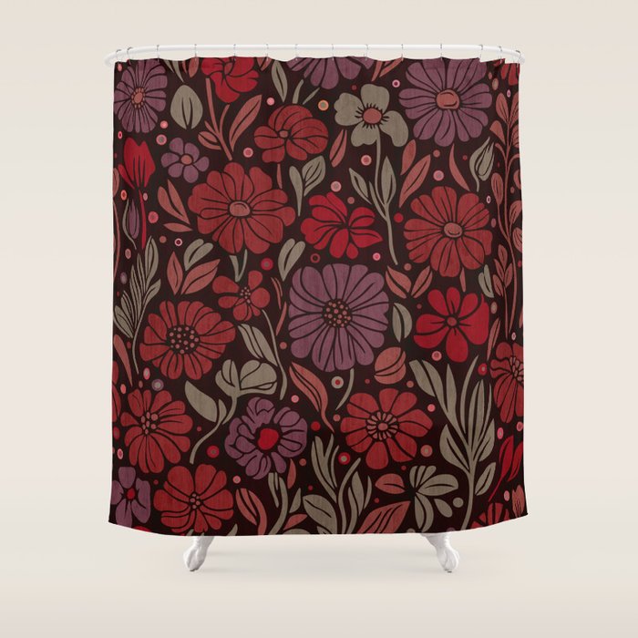 Eternal Summer Block Print Countryside Vibes Flower Garden Crimson Red Shower Curtain Gallery Image 1