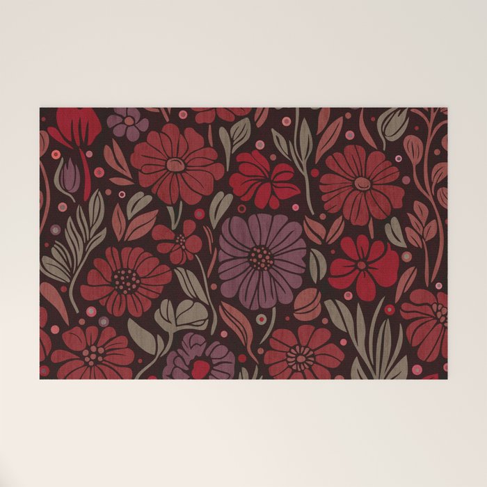 Eternal Summer Block Print Countryside Vibes Flower Garden Crimson Red Welcome Mat Gallery Image 1