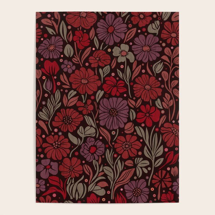 Eternal Summer Block Print Countryside Vibes Flower Garden Crimson Red Poster Gallery Image 4