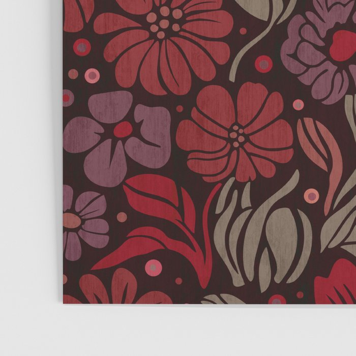 Eternal Summer Block Print Countryside Vibes Flower Garden Crimson Red Poster Gallery Image 3
