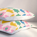 Spring Flower Stripes Cute and Cheerful Floral Pattern Pink Blue Green Mustard Yellow Pillow Sham Gallery Image 3