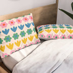 Spring Flower Stripes Cute and Cheerful Floral Pattern Pink Blue Green Mustard Yellow Pillow Sham Gallery Image 2