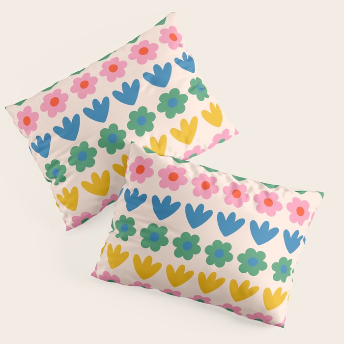 Spring Flower Stripes Cute and Cheerful Floral Pattern Pink Blue Green Mustard Yellow Pillow Sham Gallery Image 3