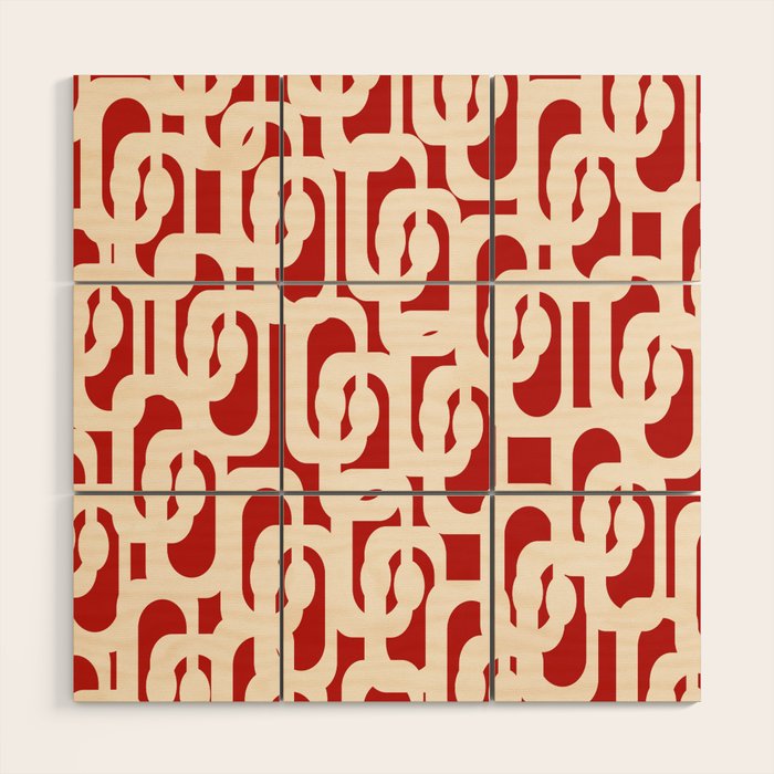 Mid Century Modern Retro Contemporary Loop Pattern in Red and Cream Wood Wall Art Gallery Image 1