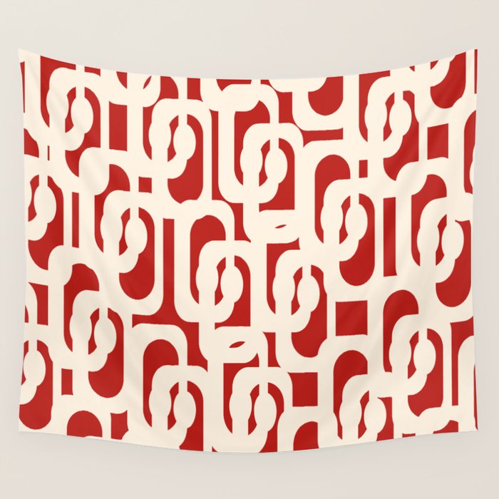 Mid Century Modern Retro Contemporary Loop Pattern in Red and Cream Wall Tapestry Gallery Image 1
