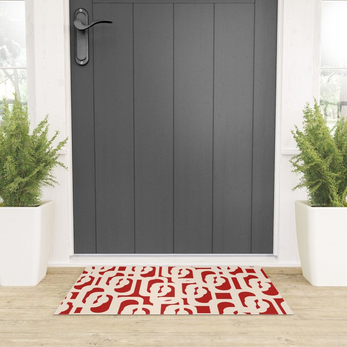 Mid Century Modern Retro Contemporary Loop Pattern in Red and Cream Welcome Mat Gallery Image 3