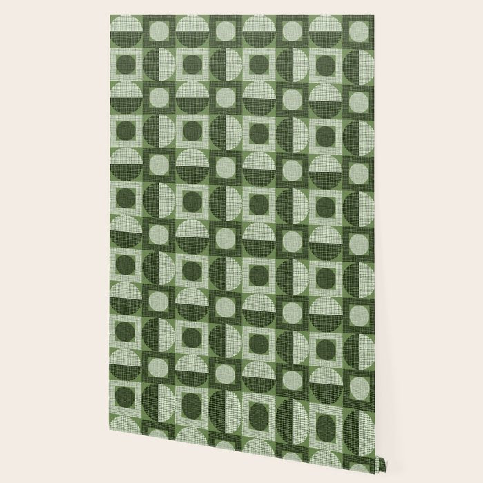 Retro Texture Geometric Squares And Circles Pattern No 5 Sage Green Black White Wallpaper Gallery Image 2