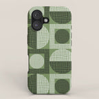 Retro Texture Geometric Squares And Circles Pattern No 5 Sage Green Black White iPhone Case Gallery Image 1