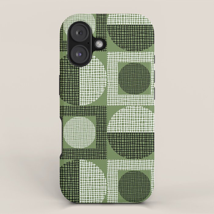 Retro Texture Geometric Squares And Circles Pattern No 5 Sage Green Black White iPhone Case Gallery Image 1