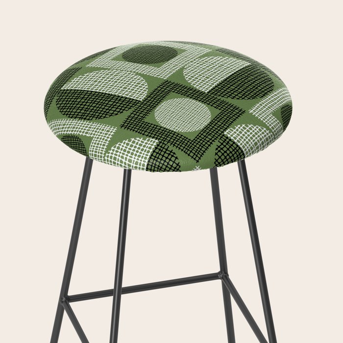 Retro Texture Geometric Squares And Circles Pattern No 5 Sage Green Black White Stool Gallery Image 2