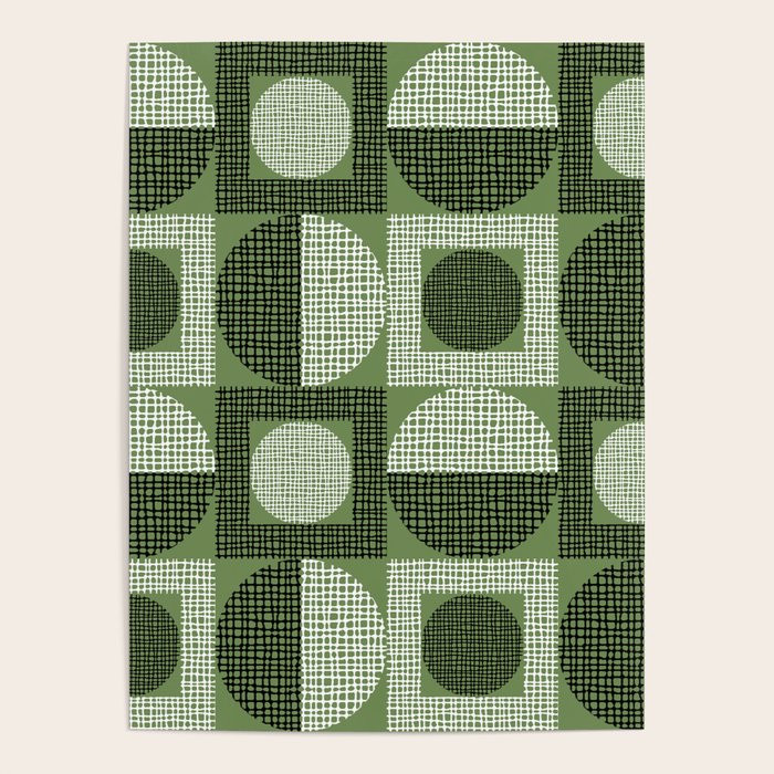 Retro Texture Geometric Squares And Circles Pattern No 5 Sage Green Black White Poster Gallery Image 1