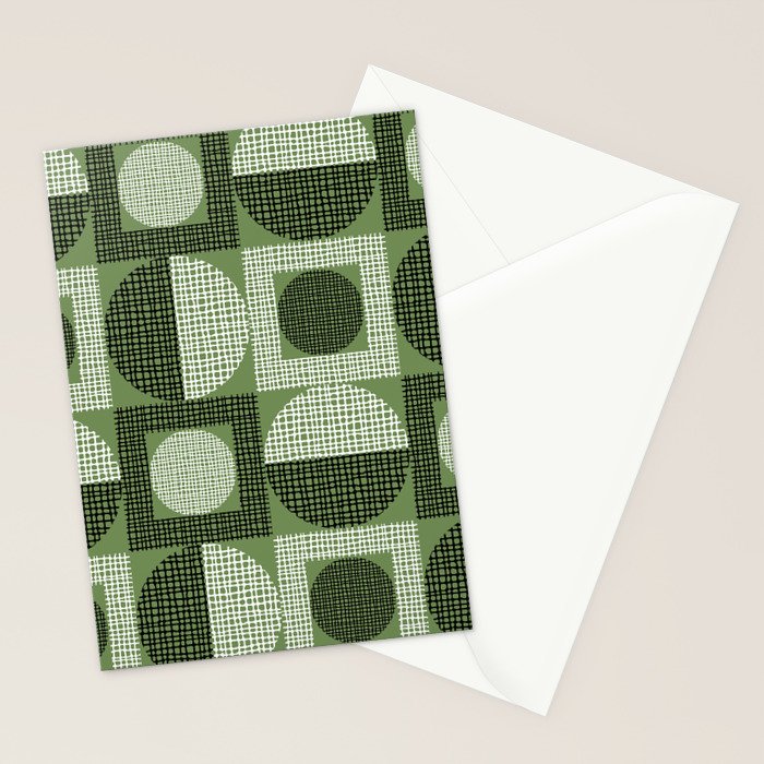 Retro Texture Geometric Squares And Circles Pattern No 5 Sage Green Black White Stationery Card Gallery Image 2