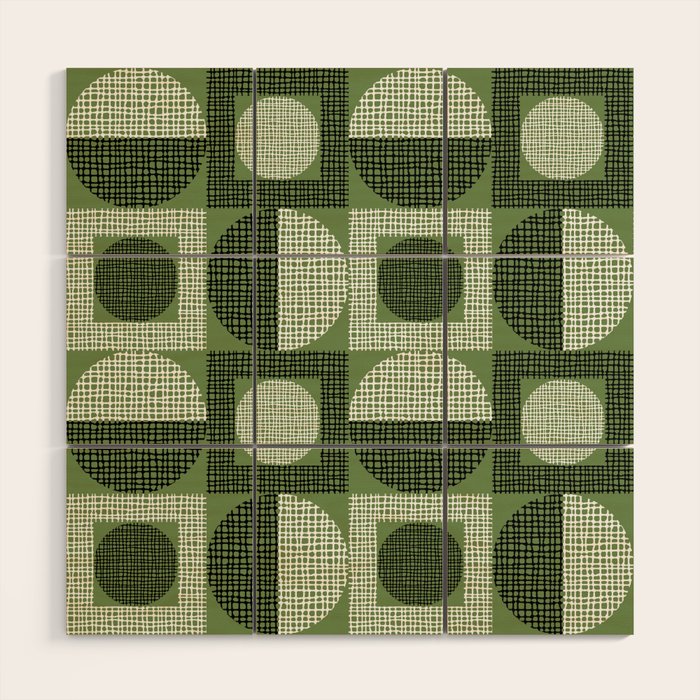 Retro Texture Geometric Squares And Circles Pattern No 5 Sage Green Black White Wood Wall Art Gallery Image 1