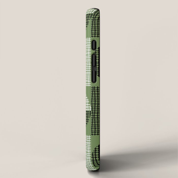 Retro Texture Geometric Squares And Circles Pattern No 5 Sage Green Black White iPhone Case Gallery Image 2