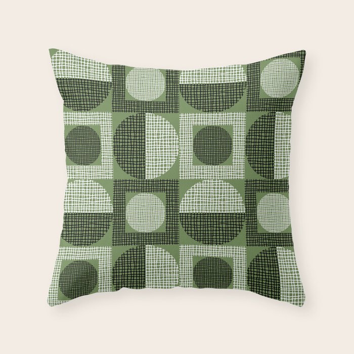 Retro Texture Geometric Squares And Circles Pattern No 5 Sage Green Black White Throw Pillow Gallery Image 6