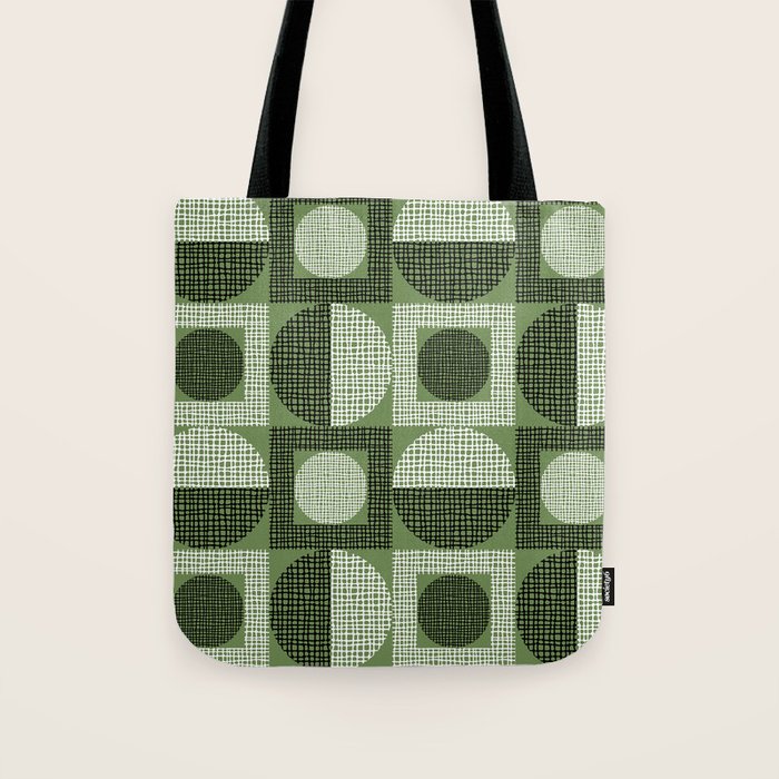 Retro Texture Geometric Squares And Circles Pattern No 5 Sage Green Black White Tote Bag Gallery Image 1