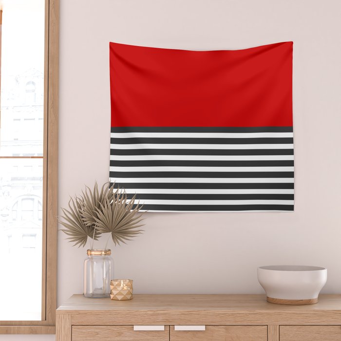 Half Striped Gray - Solid Red Wall Tapestry Gallery Image 2