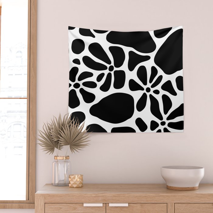 Abstract black and white flower nature art pattern Wall Tapestry Gallery Image 2