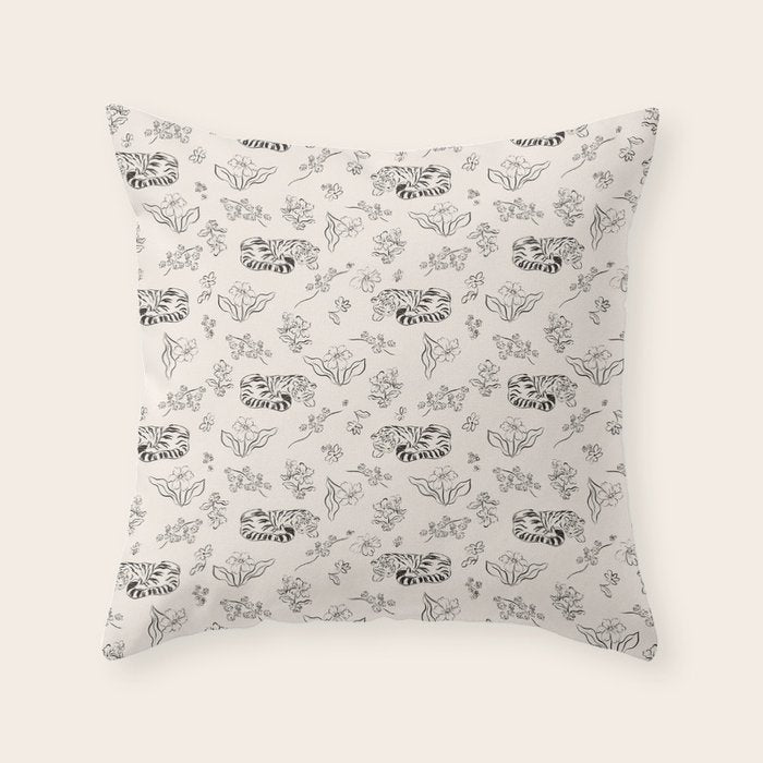 Tiger and Flower Line Art Throw Pillow Gallery Image 1