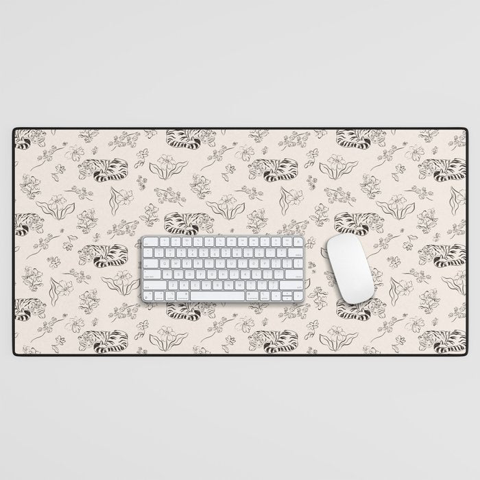Tiger and Flower Line Art Desk Mat Gallery Image 1