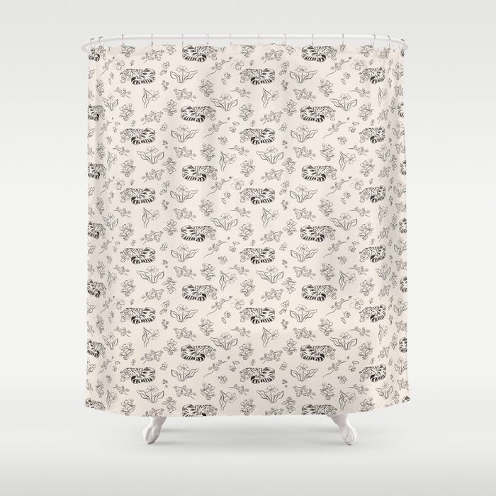 Tiger and Flower Line Art Shower Curtain Gallery Image 1