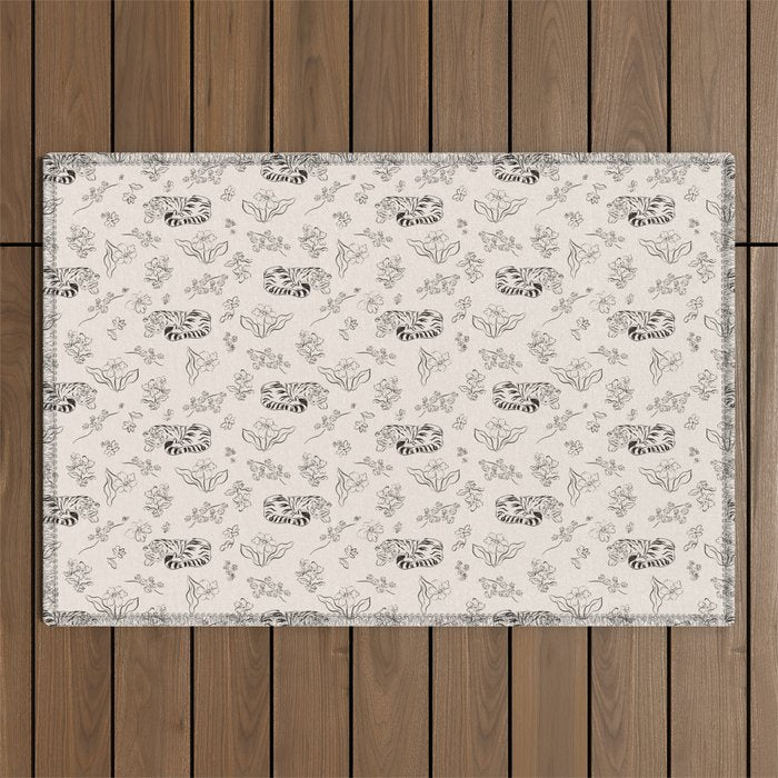 Tiger and Flower Line Art Outdoor Rug Gallery Image 1