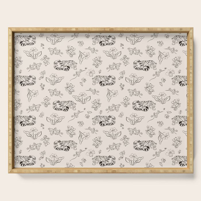 Tiger and Flower Line Art Serving Tray Gallery Image 1