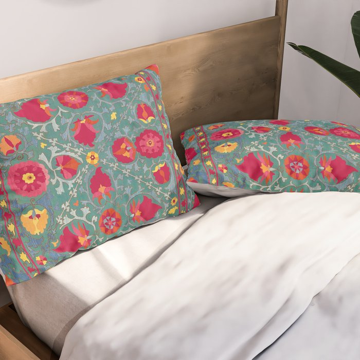 Bokhara Suzani Uzbekistan Embroidery Print With Green Pillow Sham Gallery Image 2