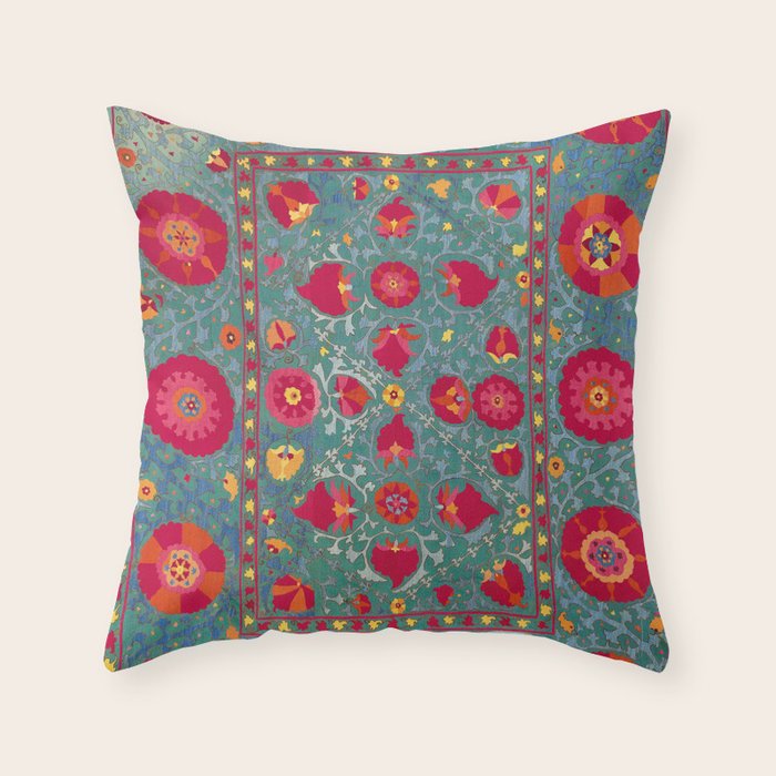 Bokhara Suzani Uzbekistan Embroidery Print With Green Throw Pillow Gallery Image 1
