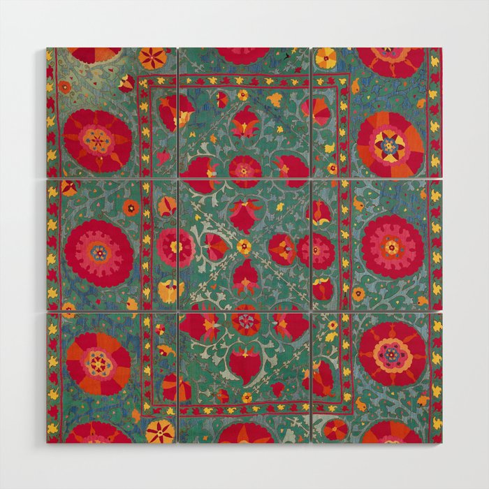 Bokhara Suzani Uzbekistan Embroidery Print With Green Wood Wall Art Gallery Image 1