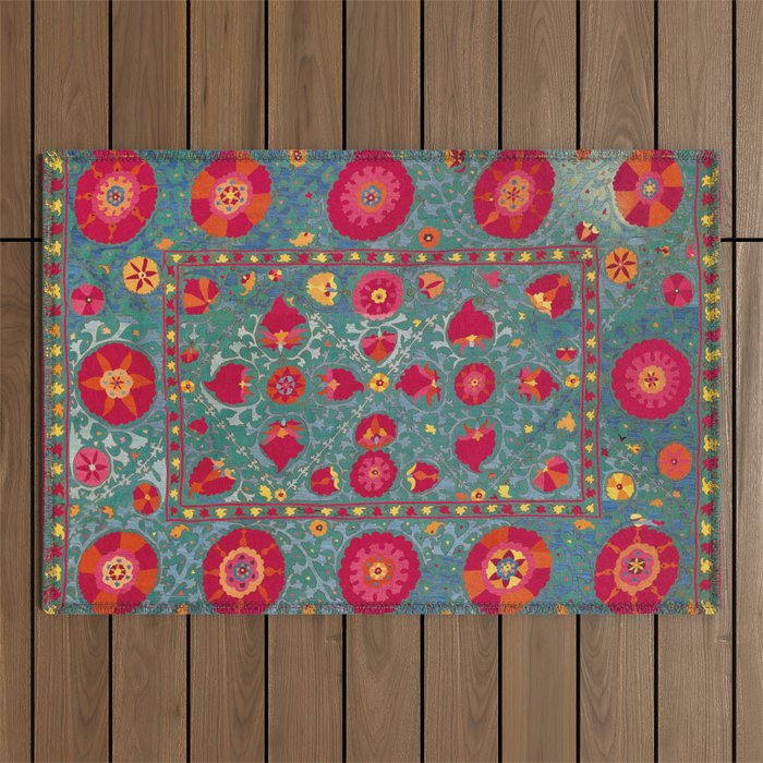 Bokhara Suzani Uzbekistan Embroidery Print With Green Outdoor Rug Gallery Image 1